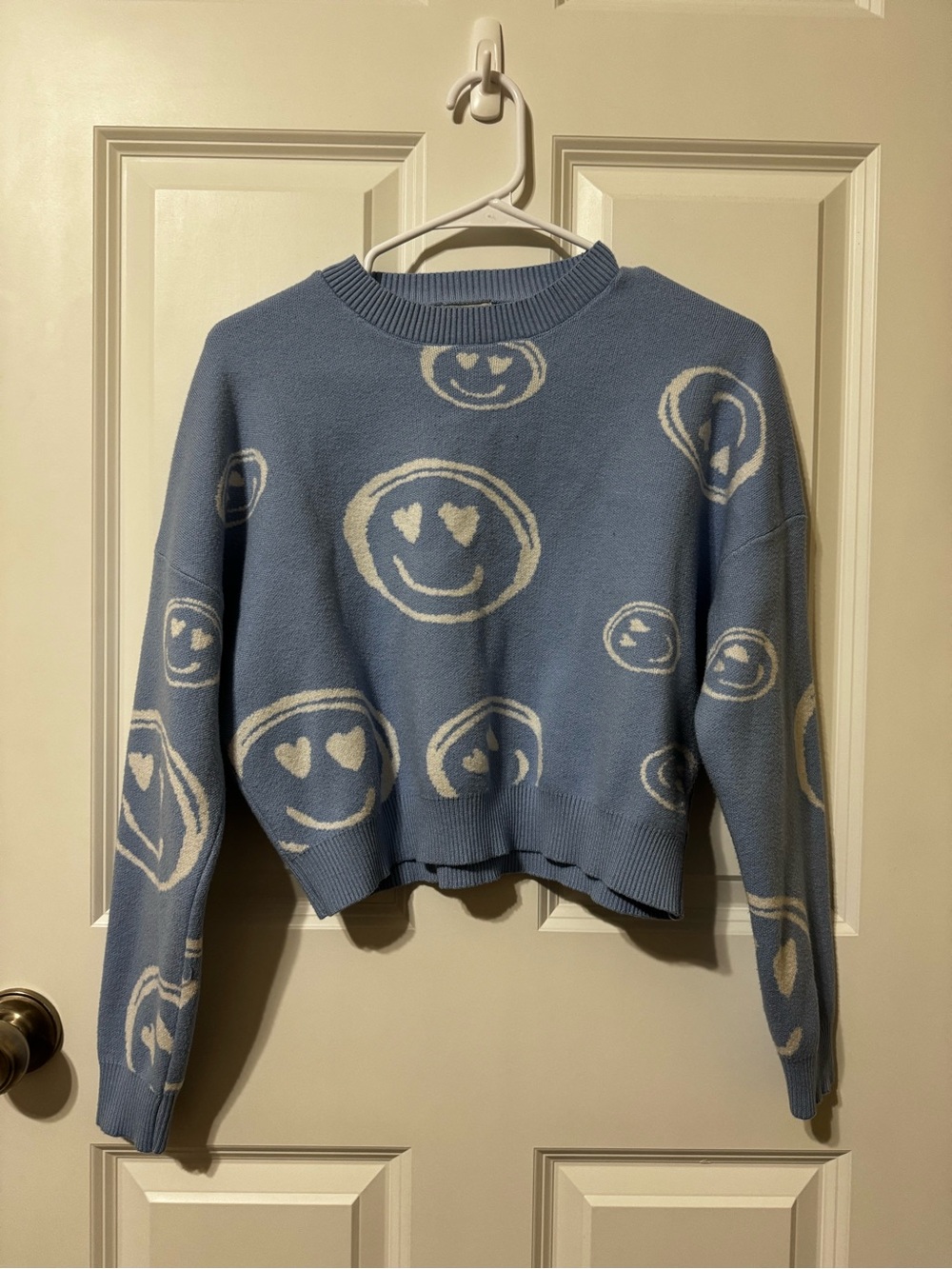 debut Blue Crewneck Sweater with Cream Heart-Eyes Smiley Pattern